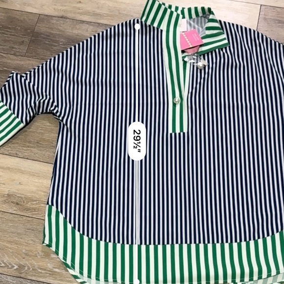 Ladies Tuckernuck Atlantic Pacific Green and Blue Striped Button Down Shirt - Picture 6 of 6